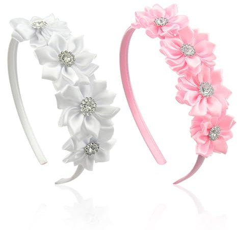 2 Morceaux De Bandeau De Fleur, Bandeau Incrusté De Diamant, Bandeau Pour Enfants, Bandeau En Satin, Bandeau Simple (Rose, Blanc).