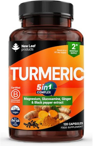 Turmeric 5-in-1 Complex - 5000mg Turmeric Capsules High Strength Enriched with Magnesium & Glucosamine Sulphate - Added Ginger Capsules + Black Pepper, Curcumin Supplement - Vegan Supplement