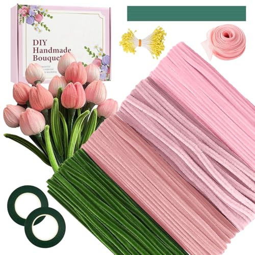 E·Durable 400Stück Pfeifenreiniger Blumen Set, 4 Farben Pfeifenputzer zum Basteln Pipe Cleaner mit Blumenstöcke, Klebebandrollen, Anleitungen, Blumenstraußverpackungen, Bänder, Staubgefäße (Rosa)