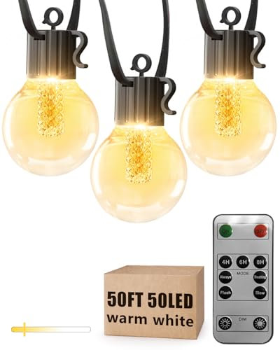 Lichterkette Außen Dimmbar, 15M 50LED Lichterkette Glühbirnen 4 Modi mit Fernbedienung, Bruchsicher Warmweiß Timer, Wasserdichte Gartenlichterkette für Terrasse, Hochzeit, Party, Balkon, Innen/Außen