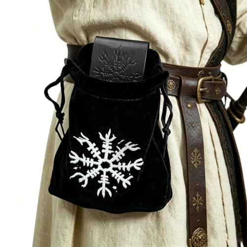 HiiFeuer Mittelalter Gürteltasche mit Prägung Klappbare Foraging Bag Wander-Gürtelbeutel Für LARP & Cosplay (Schwarz A)