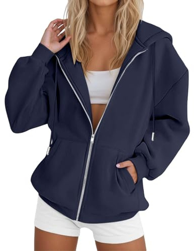 Generico Felpa Donna con Zip e Cappuccio Giacca da Donna Zip Up Felpe Sportiva Leggero Hoodie Cotone Manica Lunga Sweatshirt Aperto con Tasche e Cerniera Felpe Casual Primavera (031-Dark Blue, XXXL)