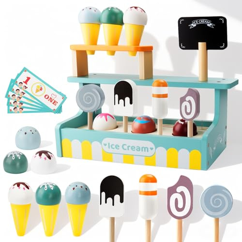 ZUSUZU Eisdiele Kinder Holz,Kinder Eisdiele aus Holz,Kinderküche Zubehör,Eistheke Eisverkauf Kaufmannsladen Zubehör Holzs,Rollenspiel Set für Eisverkäufer,Holzspielzeug ab 3 Jahre