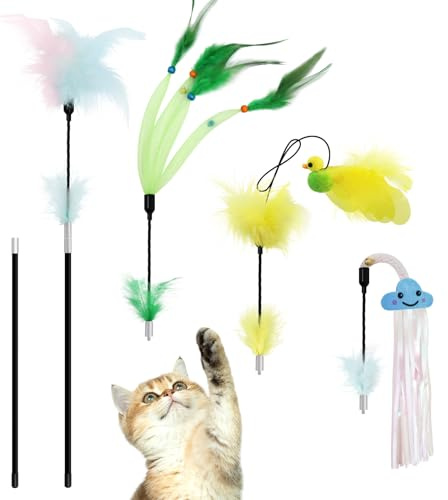 SONGWAY Cat Feather Teaser Wand - 2 Cat Wand with 4 Flexible Cute Bird Tassel Feather Cat Toys, Interactive Cat Toy for Indoor Cats Kittens
