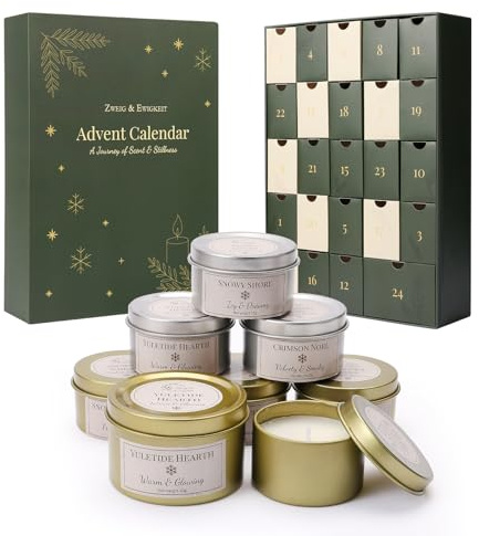Zweig & Ewigkeit Adventskalender 2025 – Duftkerzen Adventskalender mit 24 Mini-Kerzen (25 g & 40 g) – 6 festliche Winterdüfte – Geschenkidee für Weihnachten & Advent