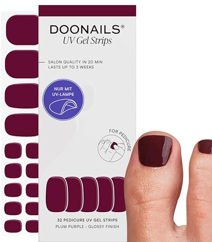 DOONAILS® UV Gel Strips Pediküre Plum Purple Tiefes Violett – Nagelfolie UV härtend, 32 Strips in 16 Größen – Bis zu 3 Wochen Halt, HEMA-frei & vegan, Salonqualität