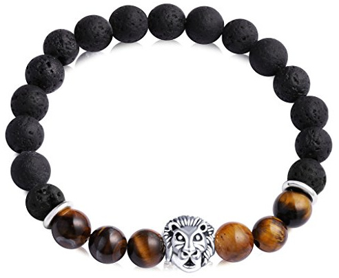 Feilok 8MM Enerigearmband Energie Armband Armkette EnergieStein Kugelkette Achat Vulkaint mit Löwe Perlen Perle für Kinder, Damen und Herren Silber Braun Schwarz