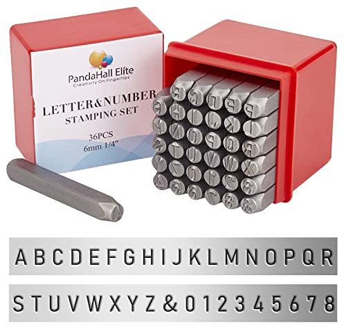 PH PandaHall 36PCS 6mm Lettre à Frapper, Jeu de Timbres en métal, Lettre Alphabet A-Z et Numero 0-8 et &, Outil de Presse pour Perforation de poinçons pour Timbres, Le fer, Noir, 63x8mm