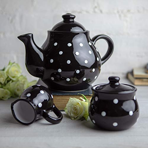 City to Cottage® Black and White Polka Dot Handmade Hand Painted Ceramic Large 1,7l/60oz/4-6 Cup Teapot, Milk Jug, Sugar Bowl Set