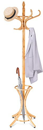 CASART Wood Coat Rack, Freestanding Clothes Stand with 12 Hooks and Umbrella Holder, 186cm Tall Hall Tree for Home Office Hallway Bedroom (Oak)
