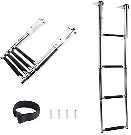DasMarine 4 Step Ladder 316 Stainless Steel Telescoping Ladder, 900 Pound Capacity for Marine Yacht/Swimming Pool with Retaining Strap (4 Step Ladder)