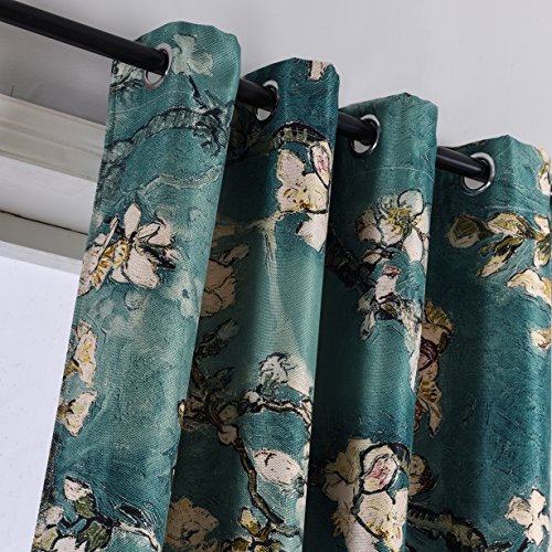 Taisier Home Vorhänge aus Kunstleinen, 132 x 160 cm, Raumverdunkelung, grüne Pflaumenblütenvorhänge, Vintage-Ring-Top-Design für Schlafzimmer, Wohnzimmer, 2 Paneele, elegante dekorative