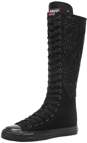 Jamron Ragazze Donna Moda Ginocchio Alta Allacciare Tela Stivali Puro Nero Zip Stivali di Danza Pizzo SN815 EU38
