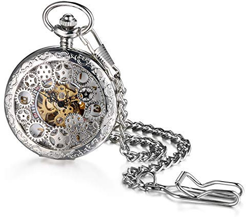 JewelryWe Retro Zahnrad Ritzel Hohe Openwork Handaufzug Mechanische Taschenuhr Skelett Uhr Pullover Halskette Kette Silber