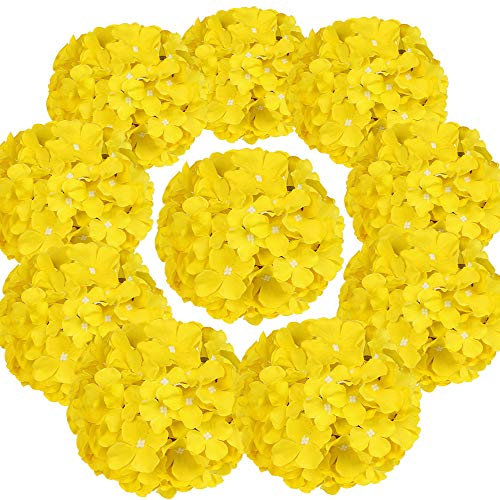 Flojery Lot de 10 têtes de fleurs d'hortensia artificielles en soie avec tiges pour la décoration Jaune