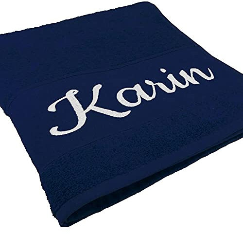 Handtuch mit Namen oder Wunschtext Bestickt, personalisiertes Duschtuch, individuelles Badetuch, 100% Baumwolle, 100 x 50 cm Navyblau