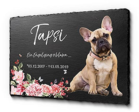 CHRISCK design Grabstein Hund aus Schiefer mit farbigem Foto - Tier Gedenkstein als liebevolle Erinnerung an geliebtes Haustier - Grabdeko Gedenktafel Naturstein