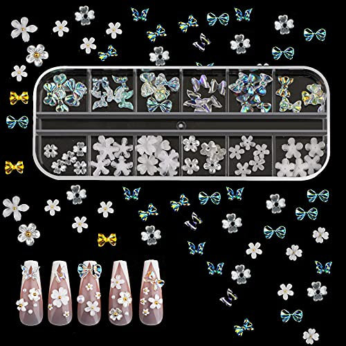 SAVITA 250 Pièces 12 Tailles Papillon Fleurs Ongle Nail Art 3D, Breloques pour Ongles Acryliques Accessoires pour Plats Ongles pour Conceptions de Bricolage Fabrication de Bijoux (Flash Coloré)