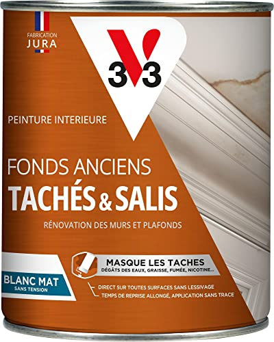 V33 Peinture blanche mur et plafond mat, FOND ANCIENS TACHES & SALIS, idéal rénovation, 1L