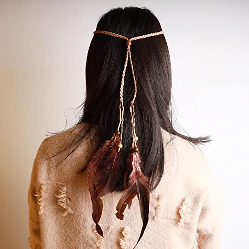 TseenYi Zigeunerfeder Stirnband Haarband Boho Feder Haarband Perlen Feder Quaste Stirnband Schmuck Für Frauen Und Mädchen Weihnachten Bühne Performance (braun)