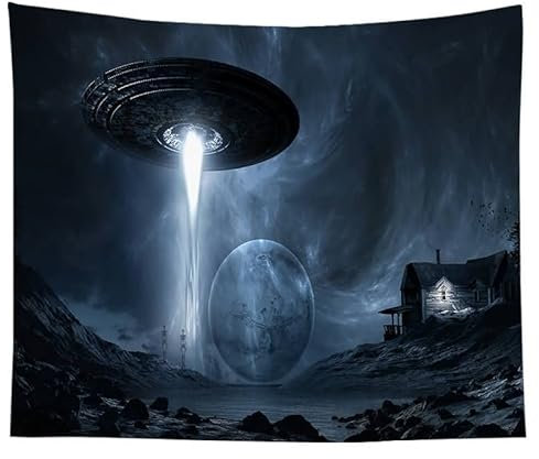 EHOMERY Wandteppich Cute Wanddekoration Tumblr Bunt Sci-Fi-Universum Alien-UFO-Landschaft Cartoon Wandtuch Fantasy Wandbehang Wandschmuck Groß Wohnzimmer Wanddekoration 95X73Cm