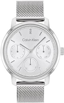 Calvin Klein Multi Zifferblatt Quarz Uhr für Damen mit Silbernes Edelstahl-Mesh-Gliederarmband - 25200180