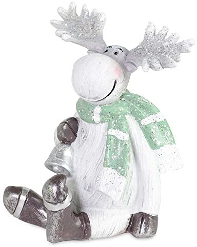 Goldschmidt Dekofigur Rentier Elch weiß | Weihnachtsdeko süße Figur | Weihnachten Tischdeko (sitzend mit Glocke 10x13cm)