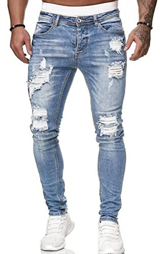 Osheoiso Herren Destroyed Jeans Biker Hose Herren Löcher Slim Lang Jeans Denim Hose Vintage Männer Zerrissen Jeanshose Skinny Jeanshosen Bleistifthose Hosen A Hellblau L