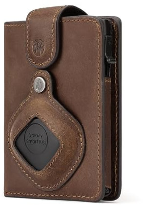Will Fire® MagFlap® MultiTag | Airtag Android Wallet für Samsung Galaxy Smart Tag + Tile Chipolo ATUVOS Schlüsselfinder | Kartenetui | Geldbörse Leder | Magnetverschluss | Münz-& Scheinfach (Braun)