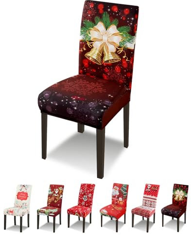 Lydevo Xmas Weihnachtlich Stuhlhussen 4er Set Stretch Stuhlhussen für Esszimmerstühle Stuhlhussen für Schwingstühle Waschbarer Abnehmbarer Stuhlbezug für Weihnachtliche Festival Christmas,Glöckchen