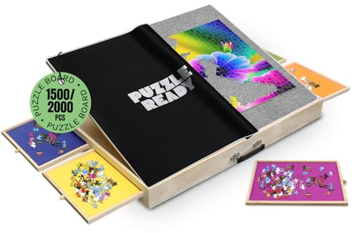Puzzle Board Tilting mit Schubladen & Cover Matte - 1500 Stück Holz-Puzzle-Tabelle - 36 x 27 Portable Puzzle Board - 3 Kippwinkel & Filz Arbeitsfläche - Puzzle Ready - Puzzletisch Für 1500 Teile