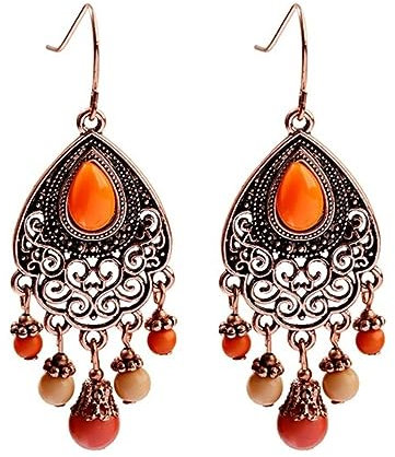 Boho Orange Perlen Quaste Tropfen Ohrringe Ethnisch Geschnitzt Für Frauen Vintage Stein Boho Damen Ohrringe