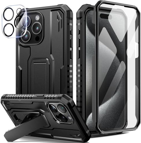 Seacosmo für iPhone 15 Pro Max Hülle Mit Ständer, 360 Grad Stoßfeste Militär Case Eingebautem Panzerglas Displayschutz und Kamera Schutzfolie [9H HD], Outdoor Handyhülle für iPhone 15 Pro Max, Schwarz