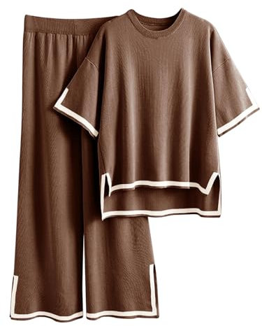 Famulily Women's Pyjama Sets Crew Neck Short Sleeve Top and Pant 2 Piece Loungear Side Split Hem BrownL