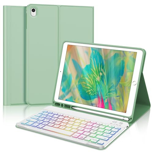 SENGBIRCH Coque Clavier pour iPad 9/8/7ème gén 10.2 Pouces - AZERTY Français Clavier Rétroéclairé 7 Couleurs Bluetooth Détachable sans Fil, Étui pour iPad Air 3 10.5, Vert Clair