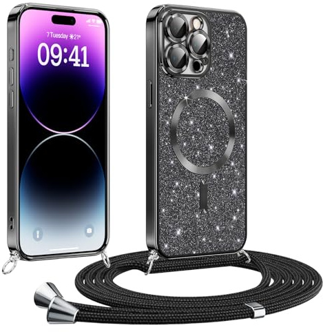 Phoona handyband Hülle für iPhone 14 Pro mit Band, Glitzer Handyhülle Kompatibel mit MagSafe, Ganzkörperschutz Kratzfeste Stossfest Schutzhülle mit Einstellbar Kette, Schwarz