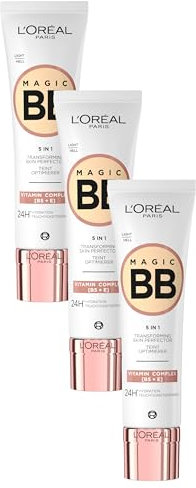 L'Oréal Paris Getönte Tagescreme, Für 24h Feuchtigkeit und einen ebenmäßigen Teint, Magic BB Teint Optimierer, Nr. 02 Light (Hell), 1 x 30 ml (Packung mit 3)
