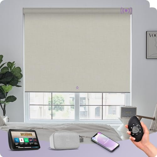 Graywind Verdunkelung Elektrische Rollo mit Wiederaufladbar Motor, nach Maß Wärmedämmung Smart Fensterrollo Kompatibel Alexa Google, Sonnenschutz Motorisierte Rollo mit Fernbedienung, Beige White