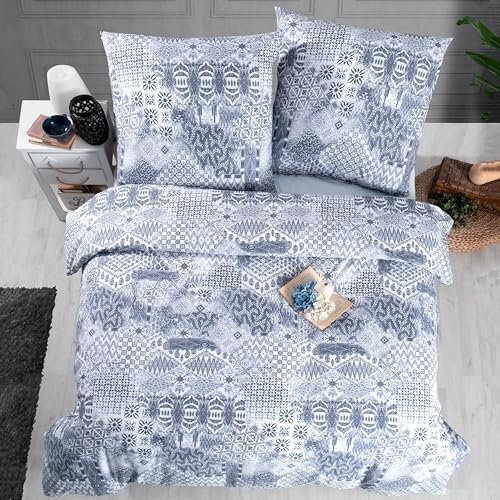 ZIRVEHOME Bettwäsche-Set 135x200 cm, 2-teilig, Baumwolle Renforcé, Dunkelblau & Grau - Bettgarnitur mit Bettbezug und Kissenbezug (80x80 cm), Geometrische und ikonische Muster, Pava