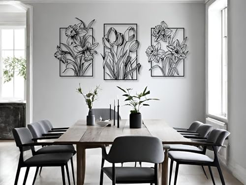 VAILLA ® 3er set Blumen Wanddeko, Blume Wanddekoration aus Holz, Wandbilder Home Dekoration, 3D Wall Art, Große Wand Deko, Bilder für Schlafzimmer, Wohnzimmer und Küche (Blumen 14)