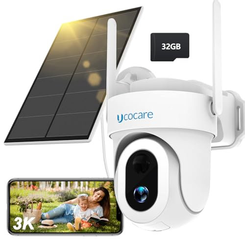 UCOCARE 3K Camera Surveillance WiFi Exterieure sans Fil, (Paquet de 1), Camera Exterieur Solaire avec Carte TF de 32, AI Détection Humaine, Vision Nocturne Couleur, 2.4GHz WiFi, 360° PTZ, IP66