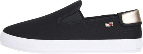 Tommy Hilfiger Sneaker con Suela Vulcanizada Mujer Canvas Slip-On Mocasín, Negro (Black), 37