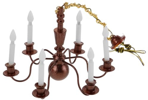 Milisten Puppenhaus Kronleuchter Miniatur Beleuchtung, Metall Mini HäNgelampe, 6 KöPfe Vintage Stil, für Puppenhaus Dekoration, Mini Zubehör, Kaffeefarbe, 5.12*2.56*2.56 Zoll, Ohne Batte