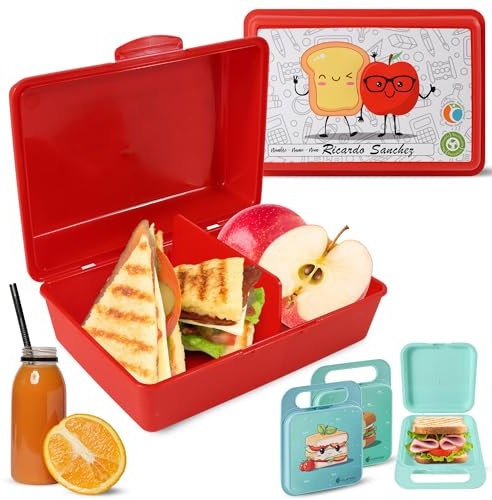 Mypicompany. Fiambrera Infantil Rectangular+2 Porta Sandwich Reutilizable con Asa. Loncheras para Niños con Dibujos Divertidos. Caja Almuerzo Infantil Libre de Bpa. (FIAMBRERA ROJA+ 2 SANDWICHERAS)