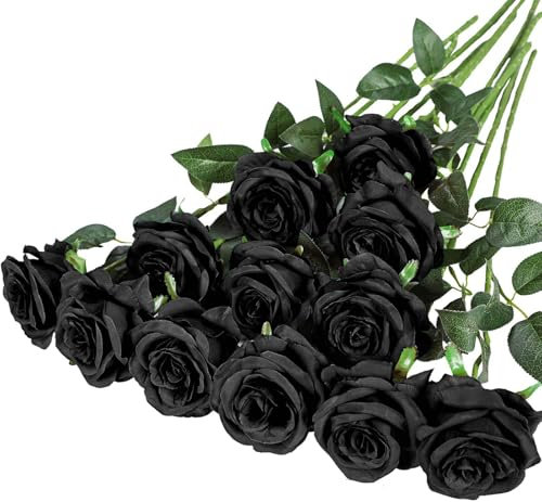 XoeLLe 12 Pezzi Fiori Finti Per Decorazioni, 52cm Da Esterno, Artificiali, Fiorellini Per Bomboniere, Fai Da Te, Bouquet di Rosa Con Steli Lunghi (Nero)