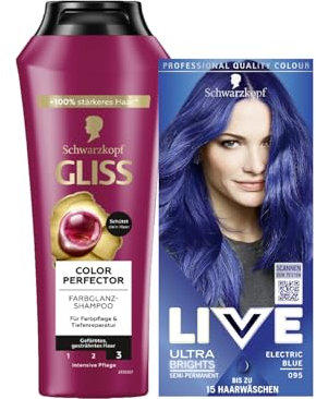 Schwarzkopf LIVE Ultra Brights Semi-Permanente Haarfarbe 095 Electric Blue (142 ml) intensive oder pastellige Farben & GLISS Shampoo Colour Perfector (250 ml) Color Shampoo