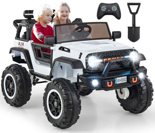 OLAKIDS 24V Ride On Car, 2WD/4WD Switchable 2 Seater Kids' Electric Vehicle Jeep Truck with 20 Wide Seat, 4X550W Power Wheels, Remote Control, Soft Brake, LED Light, Music (Ivory)