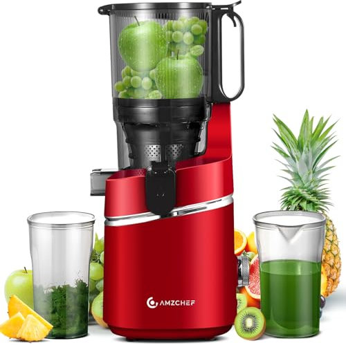 AMZCHEF Spremiagrumi automatico all-in-one, 250 W, apertura 135 mm e spremiagrumi da 1,8 l, per frutta e verdura, vincitore del test con triplo filtro – rosso intenso