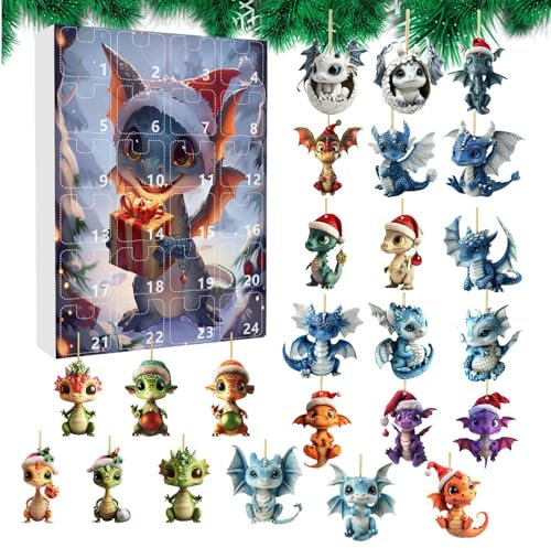 Calendrier de l'Avent avec ornement de dragon, calendrier de l'Avent 2024, compte à rebours de Noël 24 jours, 2e décorations amusantes en acrylique de l'arbre de Noël de bébé