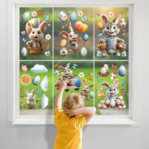 ZenithyrEn Fenstersticker Ostern Selbstklebend 9 Blätter, Fensterdekoration Ostern mit Hasen Ostereier Küken, Fenster Aufkleber Dekorationen Wiederverwendbar für Ostern